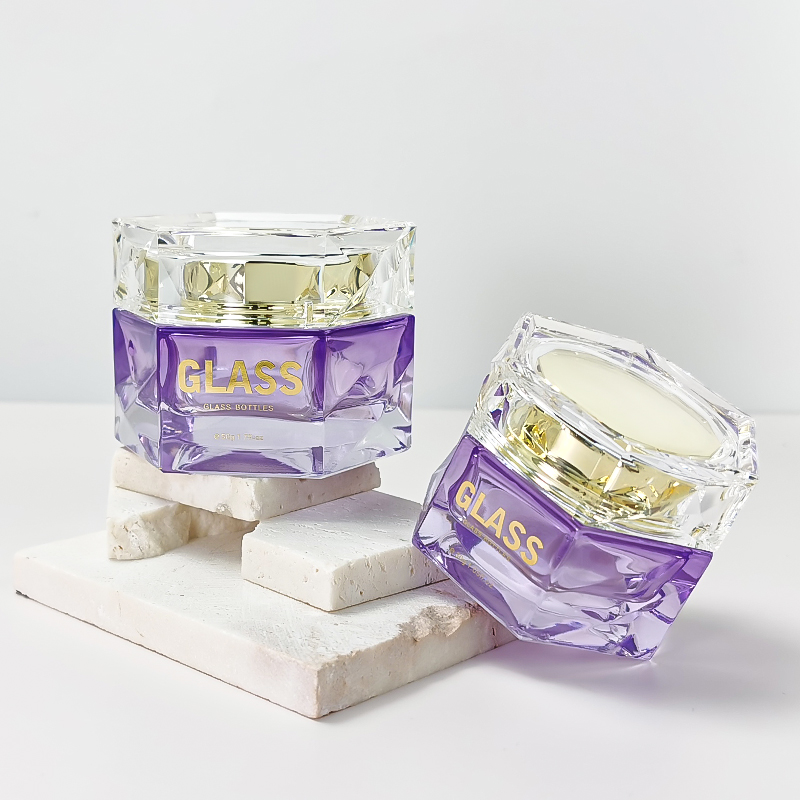 New arrival irregular purple gold stamping glass cosmetics packaging bottles HY-2466
