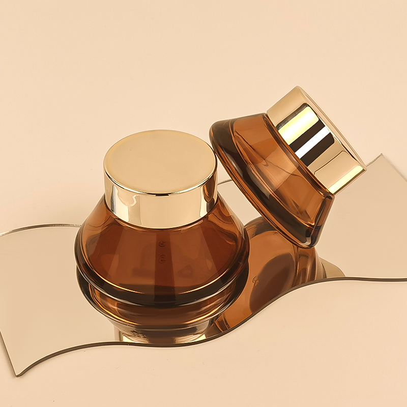 Custom Color Logo Face Cream Cosmetic Jar Amber Droplet Shape Empty 30g 50g Glass Jar with Gold Lids