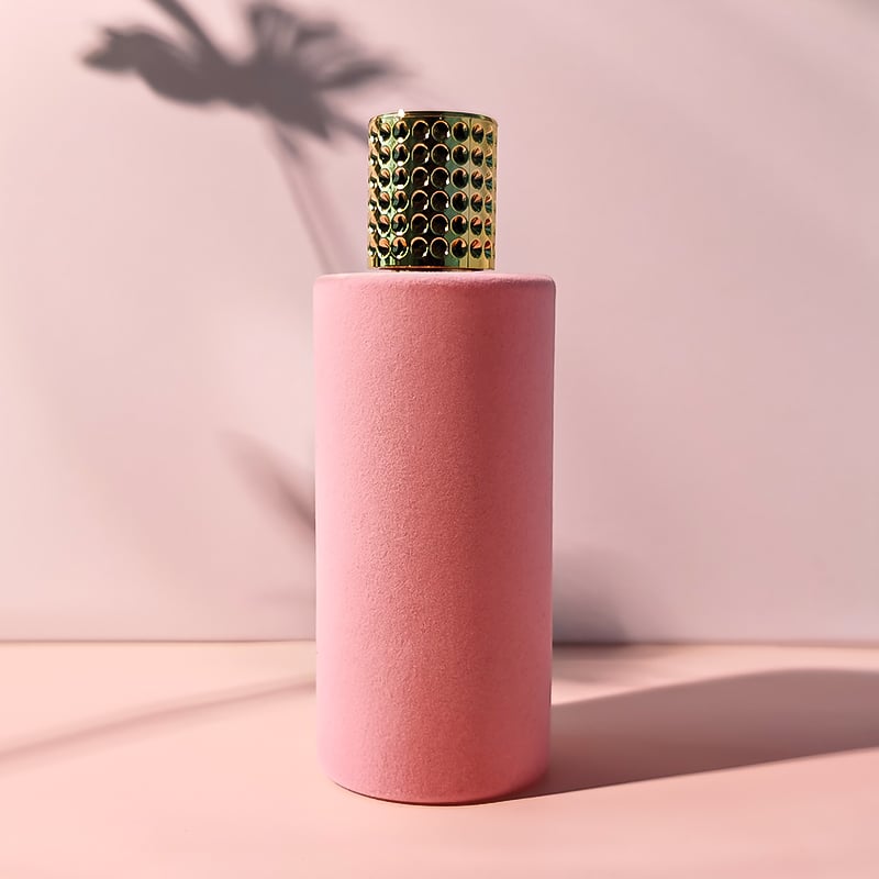 新登場 ピンクフロック印刷 豪華香水ボトル エコフレンドリー 再利用可能 ラウンド 空のガラス香水オイルスプレーボトル 100ml