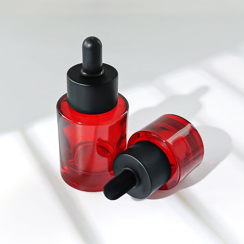 Flat Shoulder Round Red Color Black Cap 30ml 15ml Cosmetics Glass Dropper Bottle HY-2369