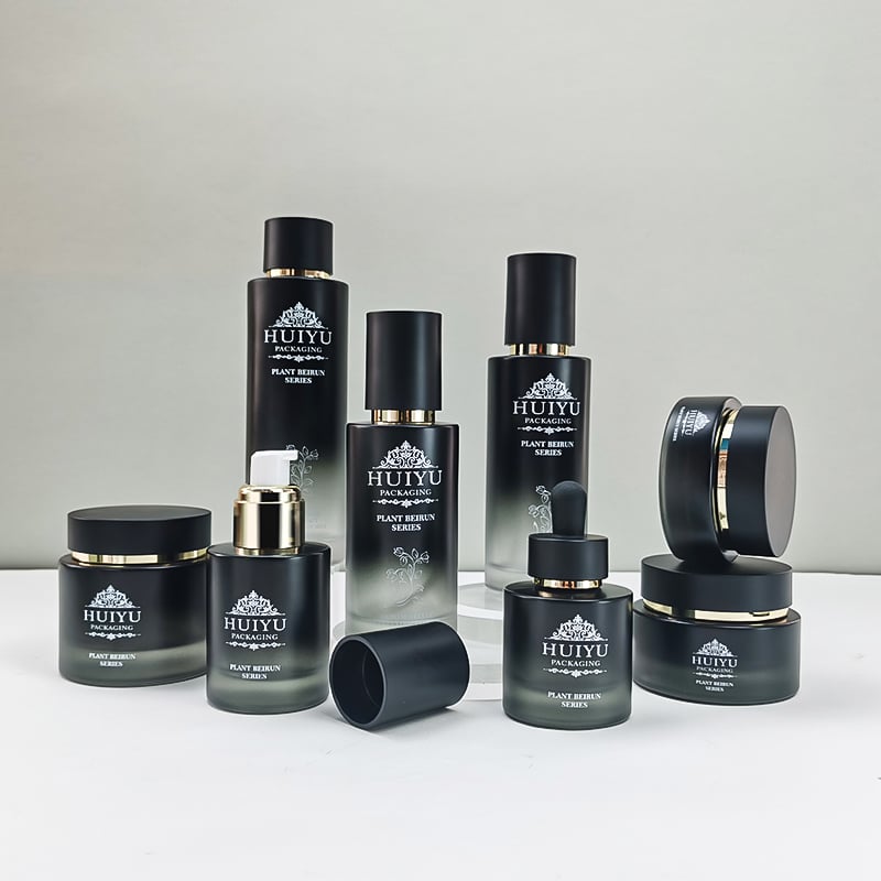 Empty 120ml 100ml 50ml 30ml black glass gradient face care emulsion bottles with pump HY-2465