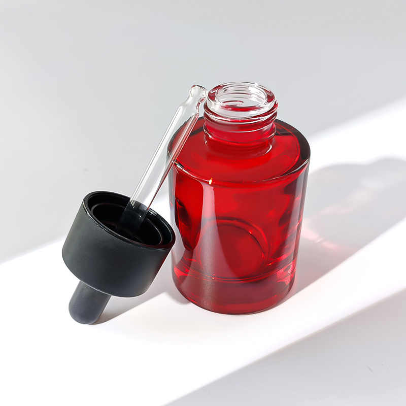 Flat Shoulder Round Red Color Black Cap 30ml 15ml Cosmetics Glass Dropper Bottle HY-2369
