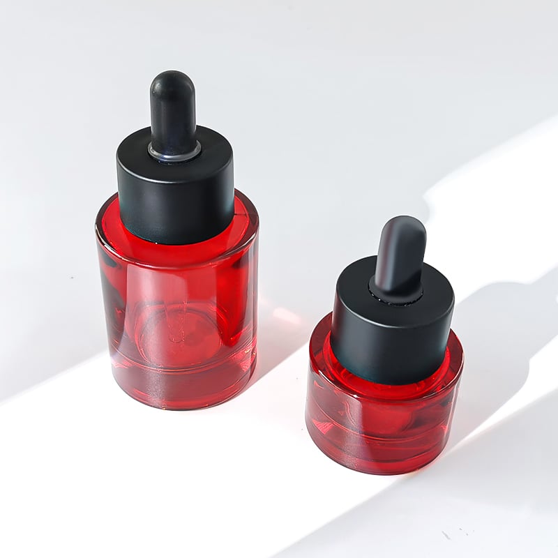 Flat Shoulder Round Red Color Black Cap 30ml 15ml Cosmetics Glass Dropper Bottle HY-2369