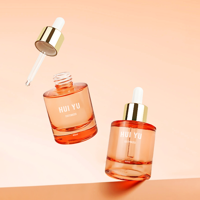 Flacon compte-gouttes en verre OEM personnalisé de 40 ml, surface transparente, pour étiquette privée, sérum pour soins de la peau, emballage en boîte avec bouchons dorés