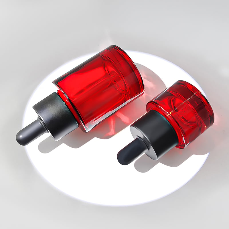 Flat Shoulder Round Red Color Black Cap 30ml 15ml Cosmetics Glass Dropper Bottle HY-2369