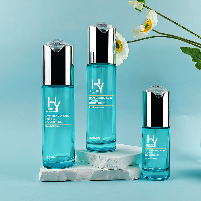Custom Silk Print Blue Skincare Glass Lotion Bottle and Jar HY-2442