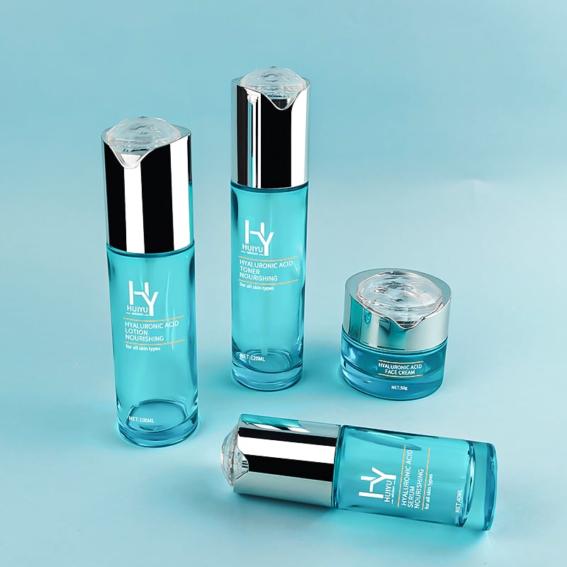 Custom Silk Print Blue Skincare Glass Lotion Bottle and Jar HY-2442