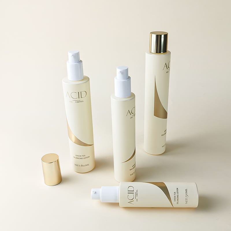 Slim cylinder light yellow glass skincare lotion bottles and jar HY-2459
