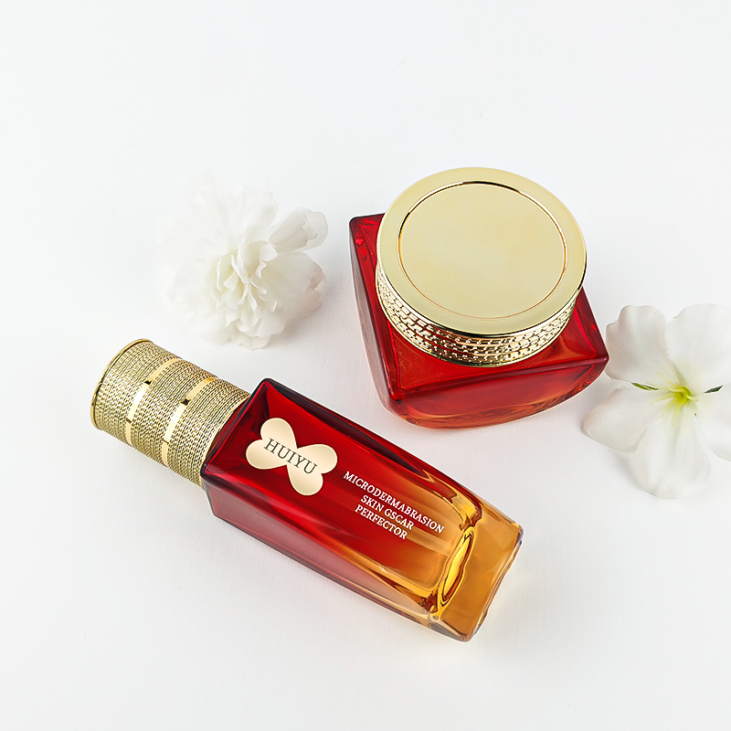 Square Luxury Golden Lids Gradient Red Glass Cosmetics Cream Container HY-2452