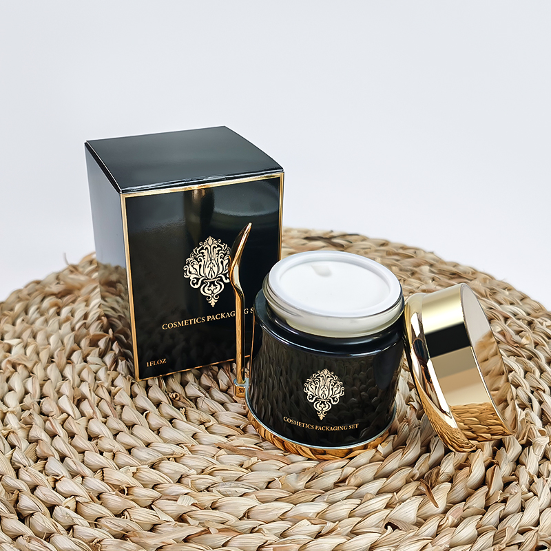 Custom Logo Eco-friendly Luxury Skincare Cream Jar Cosmetic 20ml 30ml 50ml Black Gold Cap Glass Bottle Jar with Spoon and Box