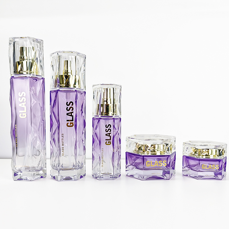 New arrival irregular purple gold stamping glass cosmetics packaging bottles HY-2466