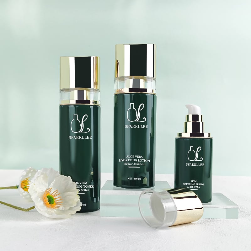 Natutal Green Cosmetic Glass Bottle Set with Pump HY-2441