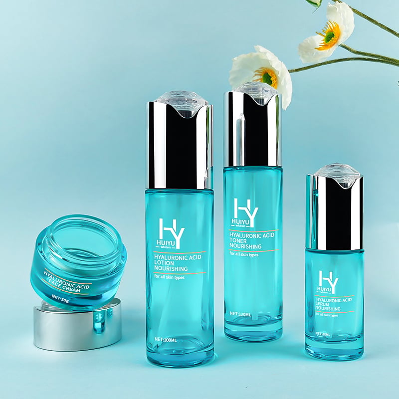 Custom Silk Print Blue Skincare Glass Lotion Bottle and Jar HY-2442
