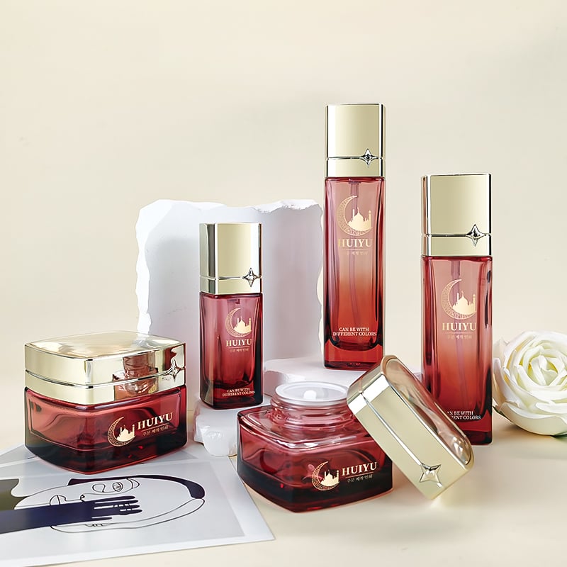 New arrival red glass skin care cream jar container and lotion bottle set HY-2460