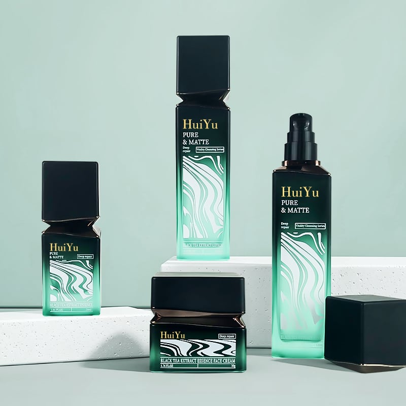Cosmetic Green Glass Bottle 100ml 50ml 30ml square Flat Black Cap Skincare Packaging Set Emulsion Lotion Glass Pump Bottles