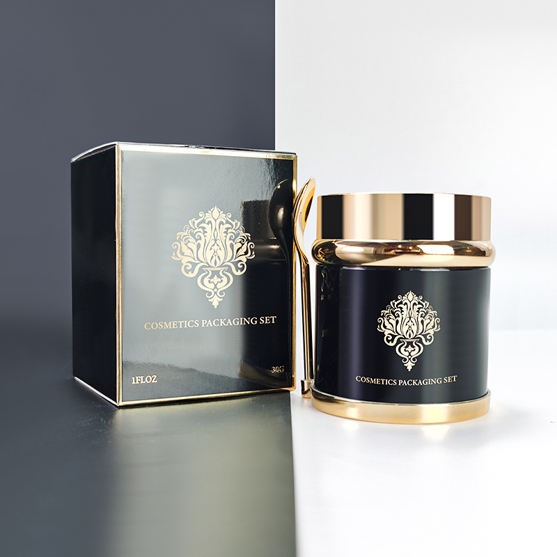 Custom Logo Eco-friendly Luxury Skincare Cream Jar Cosmetic 20ml 30ml 50ml Black Gold Cap Glass Bottle Jar with Spoon and Box