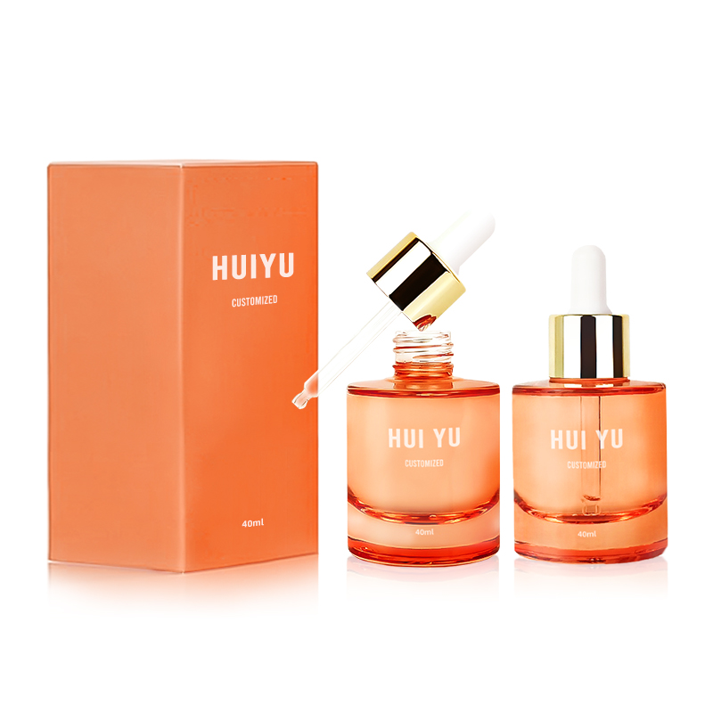 Flacon compte-gouttes en verre OEM personnalisé de 40 ml, surface transparente, pour étiquette privée, sérum pour soins de la peau, emballage en boîte avec bouchons dorés