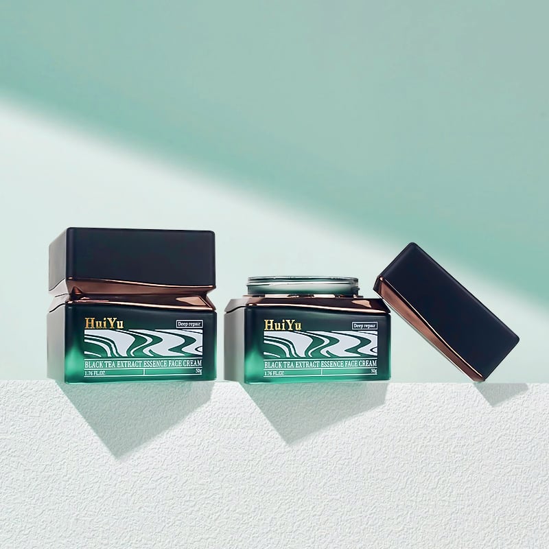 Luxury Green Square Glass Cosmetic Jar 50g Empty Cosmetic Face Cream Container Jar with Black Lids HY-2469