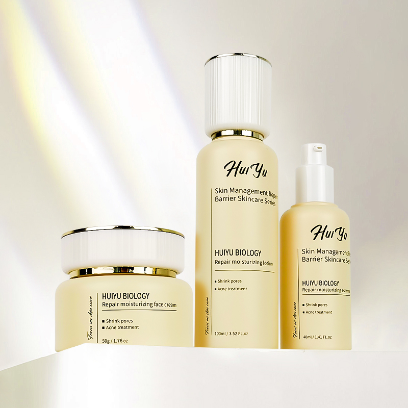 Cosmetic Set Packaging Eco-friendly Skin Care Luxury White Cap 30ml 100ml Frosted Glass Bottles With Lotion Pump HY-2470