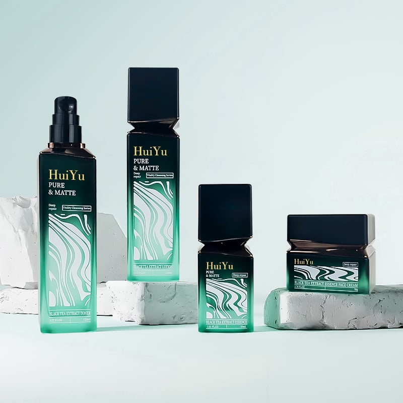Cosmetic Green Glass Bottle 100ml 50ml 30ml square Flat Black Cap Skincare Packaging Set Emulsion Lotion Glass Pump Bottles