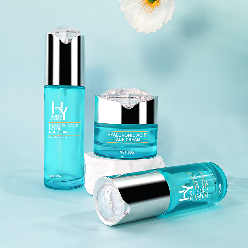 Custom Silk Print Blue Skincare Glass Lotion Bottle and Jar HY-2442