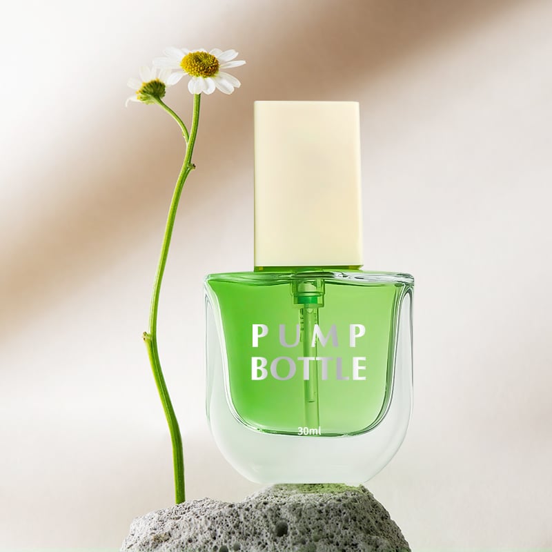 Customized Flat Makeup Bottles 30 ml Cute Deluxe Green Lotion Pump Glass Foundation Bottle