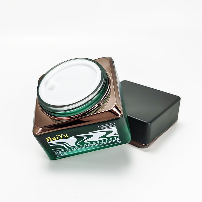 Luxury Green Square Glass Cosmetic Jar 50g Empty Cosmetic Face Cream Container Jar with Black Lids HY-2469