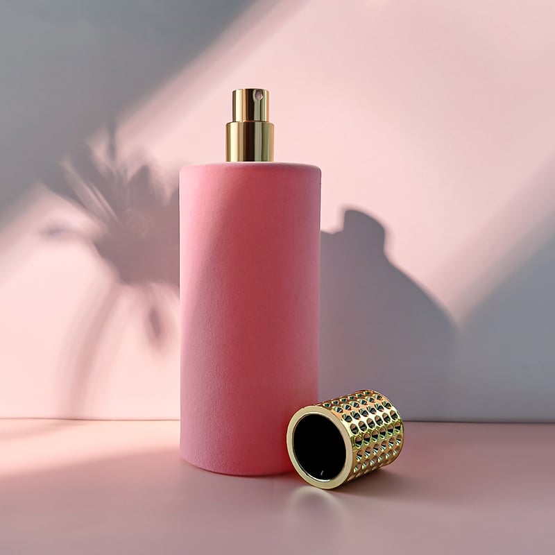 New Arrival Pink Flock Printing Luxury Perfume Bottle Eco friendly Recyclable Round Empty Glass Perfume Oil Spray Bottle 100ml