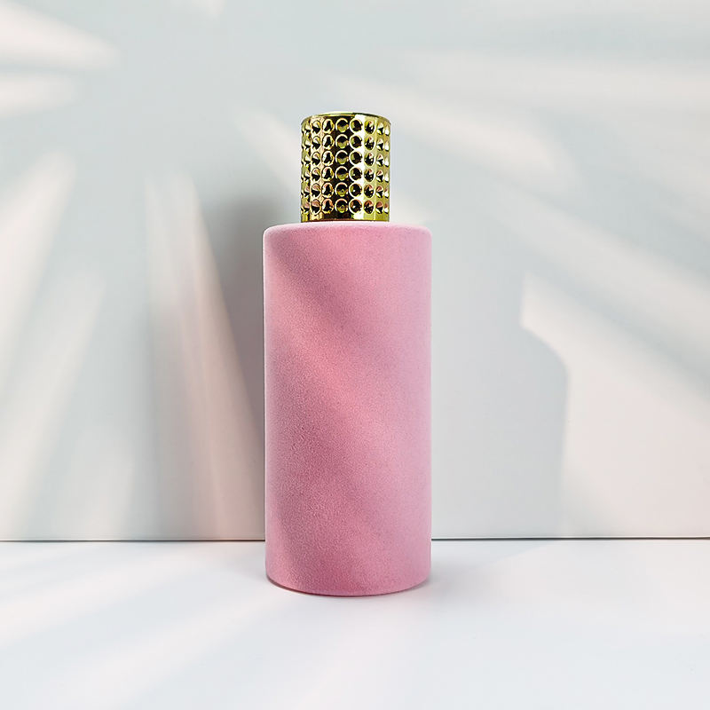 新登場 ピンクフロック印刷 豪華香水ボトル エコフレンドリー 再利用可能 ラウンド 空のガラス香水オイルスプレーボトル 100ml