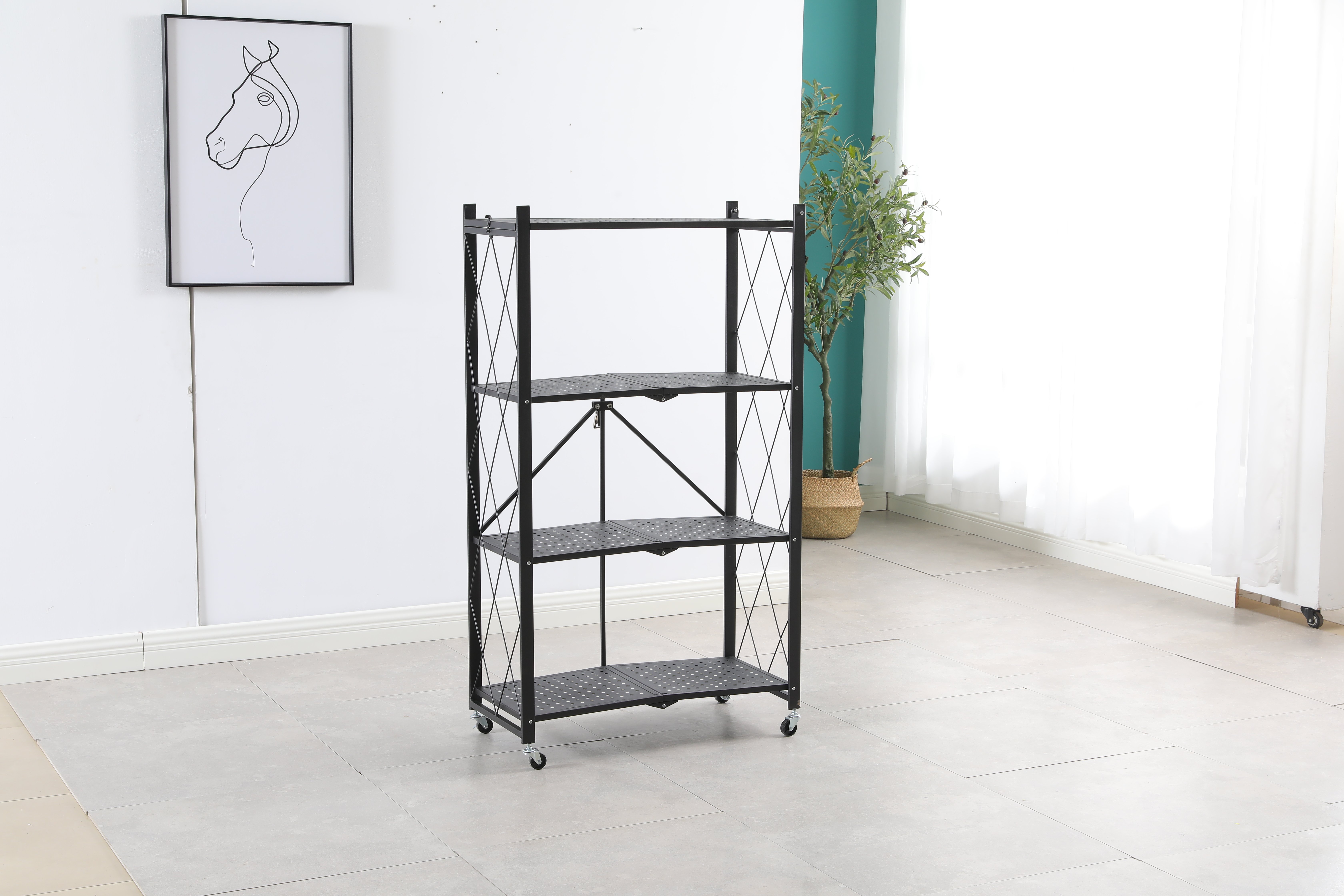 Foldable Removable Collapsible Display Shelves Metal Stand Rack with Caster Wheels Shelving Steel Storage Organizer