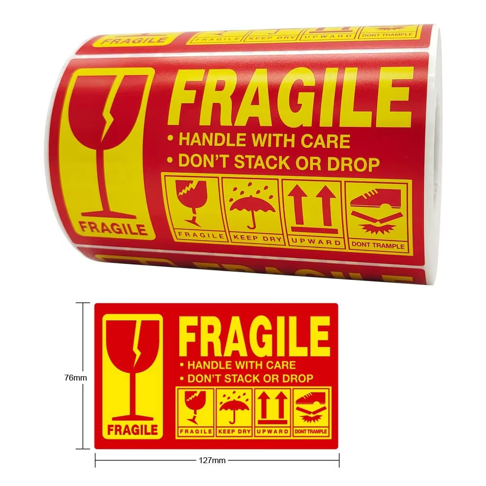 Custom Fragile Label Roll 500pcs 5 X 3 Inch Red Packaging Warning Labels Paper Self Adhesive Fragile Sticker Labels for Shipping details