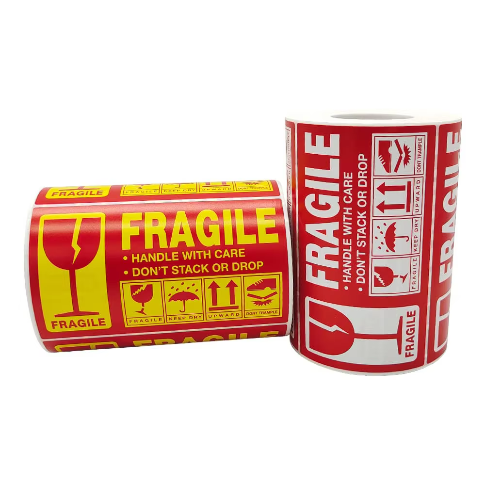 Customized Size or Colour Rolls 500pcs Fragile Stickers Self Adhesive Warning Labels for Shipping and Moving supplier