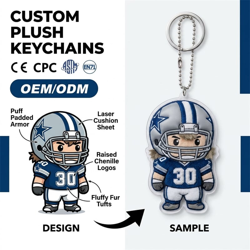Custom Plush American Football Player Keychain - Cowboy Style QB #30 Bag Charm - 3D Chenille Sports Fan Souvenir - OEM/ODM Sports Mascot Gift