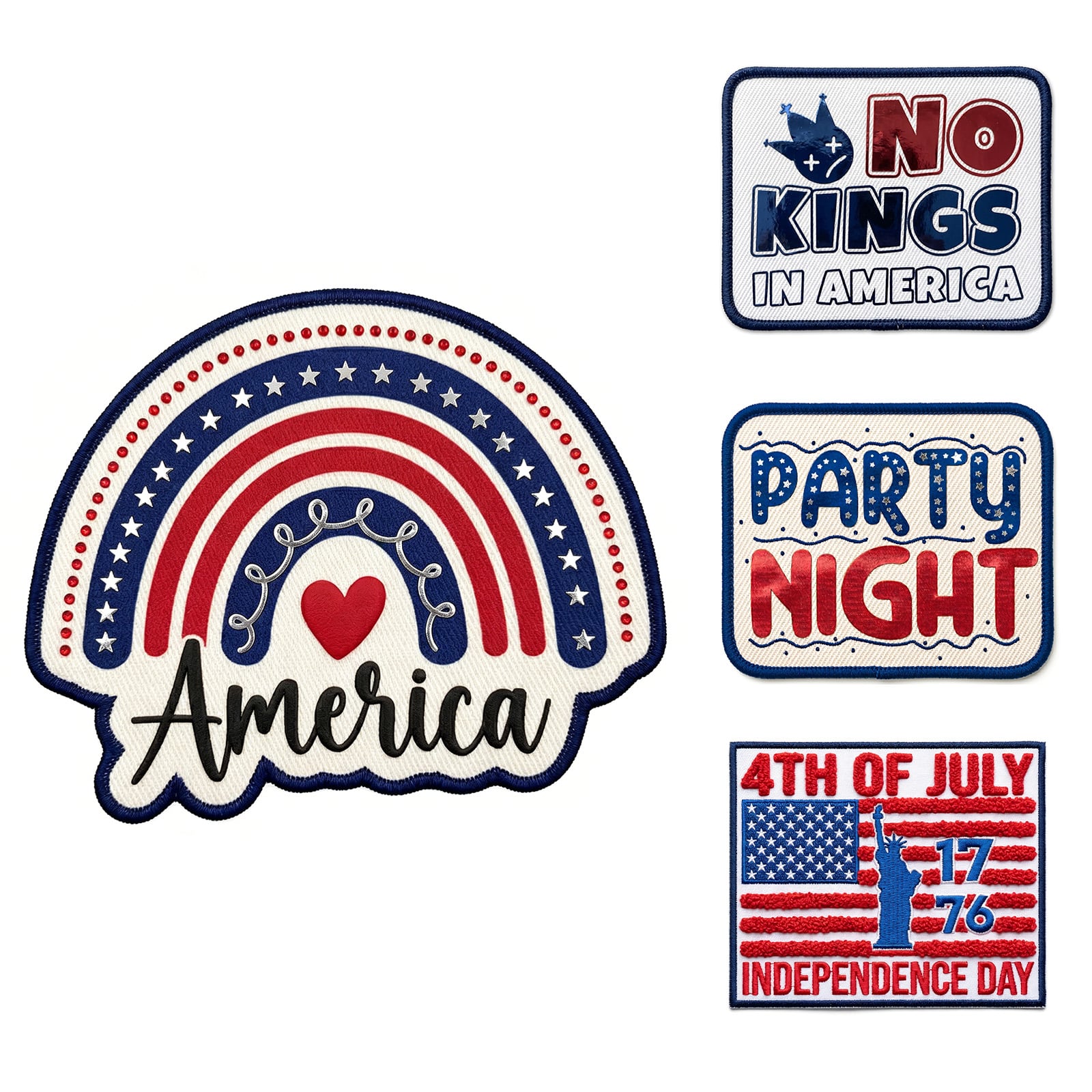 Patriotic Embroidered Patches Set - 4-Pack Iron-on Appliques for 4th of July Independence Day - America Rainbow, No Kings In America, Party Night, & 1776 Statue of Liberty - Premium DIY Decorative Patches for Jackets, Backpacks, Hats, Vests