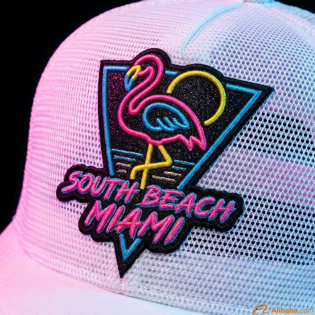 South Beach Miami Flamingo Embroidered Patch - Retro 80s Neon Synthwave Design with Glitter Accents - Premium Iron-on Applique for Trucker Hats, Jackets, & Bags - Vibrant Florida Souvenir - DIY Tropical Fashion Decor - Durable & Washable