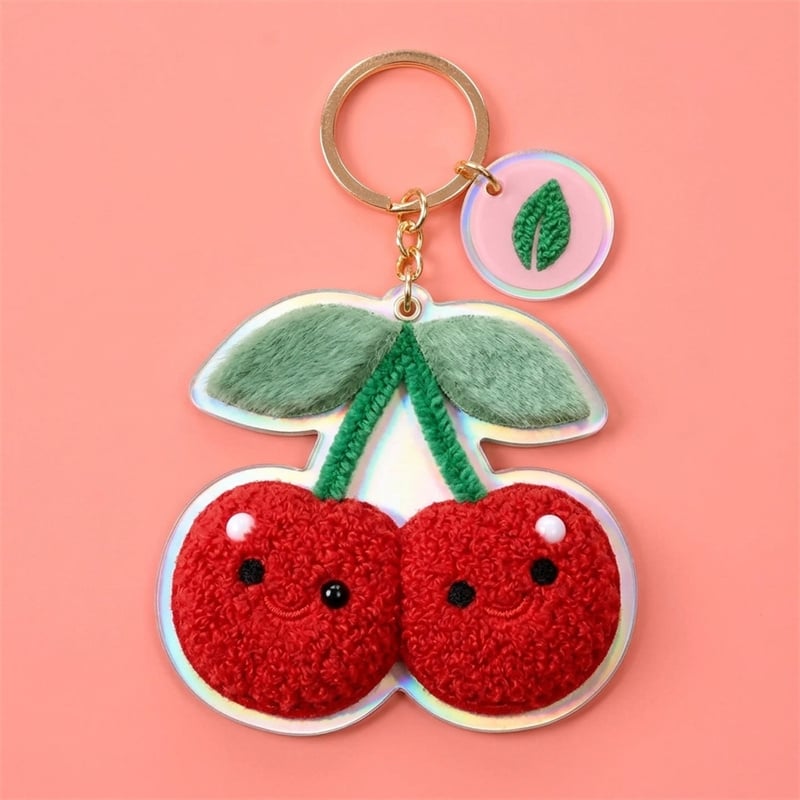 Kawaii Smiling Cherries Plush Keychain - 3D Red Chenille Fruit Bag Charm - Iridescent Acrylic Keyring with Embroidered Leaf Tag