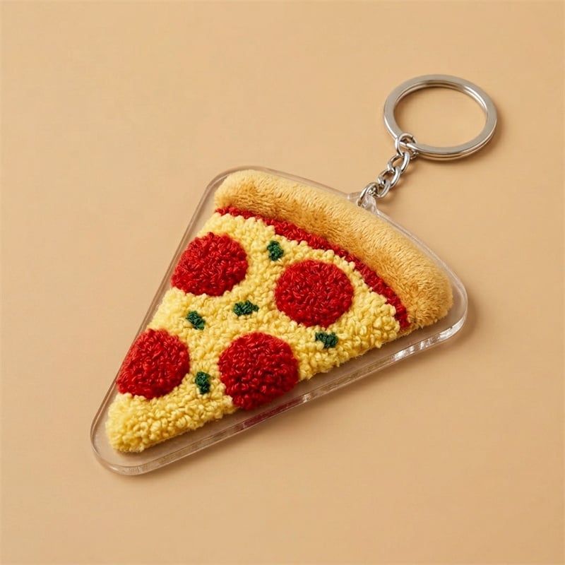3D Plush Pepperoni Pizza Slice Keychain - Kawaii Chenille Foodie Bag Charm - Fuzzy Pizza Lovers Keyring with Iridescent Acrylic Backing