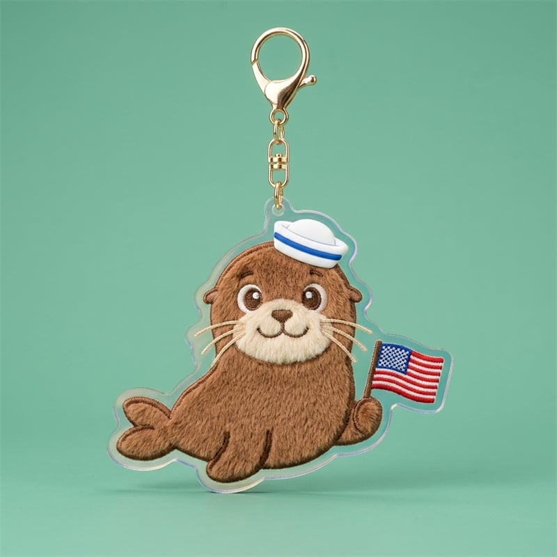 Patriotic Sailor Seal Plush Keychain - Kawaii 3D Sea Lion with USA Flag & Navy Hat - Nautical Iridescent Acrylic Bag Charm - American Pride Souvenir Gift
