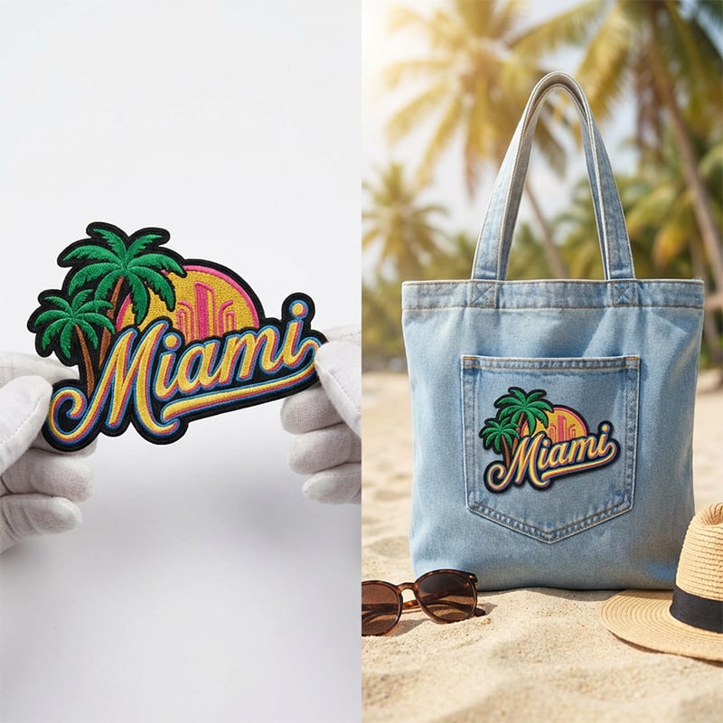 Miami Embroidered Patch - Retro 80s Tropical Palm Trees & Sunset Design - Premium Iron-on Applique for Denim Jackets, Tote Bags, Backpacks - Vibrant Florida Travel Souvenir - DIY Fashion Accessory - High Stitch Density