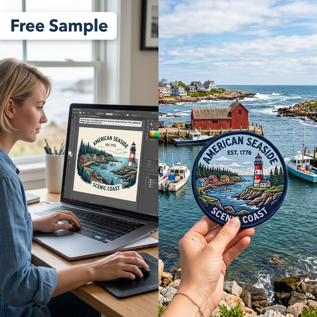 American Seaside Est. 1776 Scenic Coast Embroidered Patch - Vintage Nautical Lighthouse Design - Premium Iron-on Applique for Jackets, Backpacks, & Hats - High Density Thread DIY Travel Souvenir - Durable & Washable Patriotic Coastal Decor
