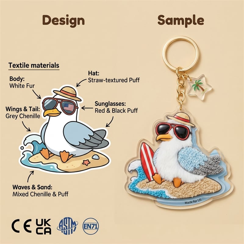 Coastal Surfer Seagull 3D Plush Keychain - Kawaii Beach Bird with Sunglasses & Surfboard Bag Charm - High-Texture Chenille & Fur Iridescent Acrylic Keyring - Summer Vacation Travel Souvenir - CE/ASTM Certified Safety Mascot