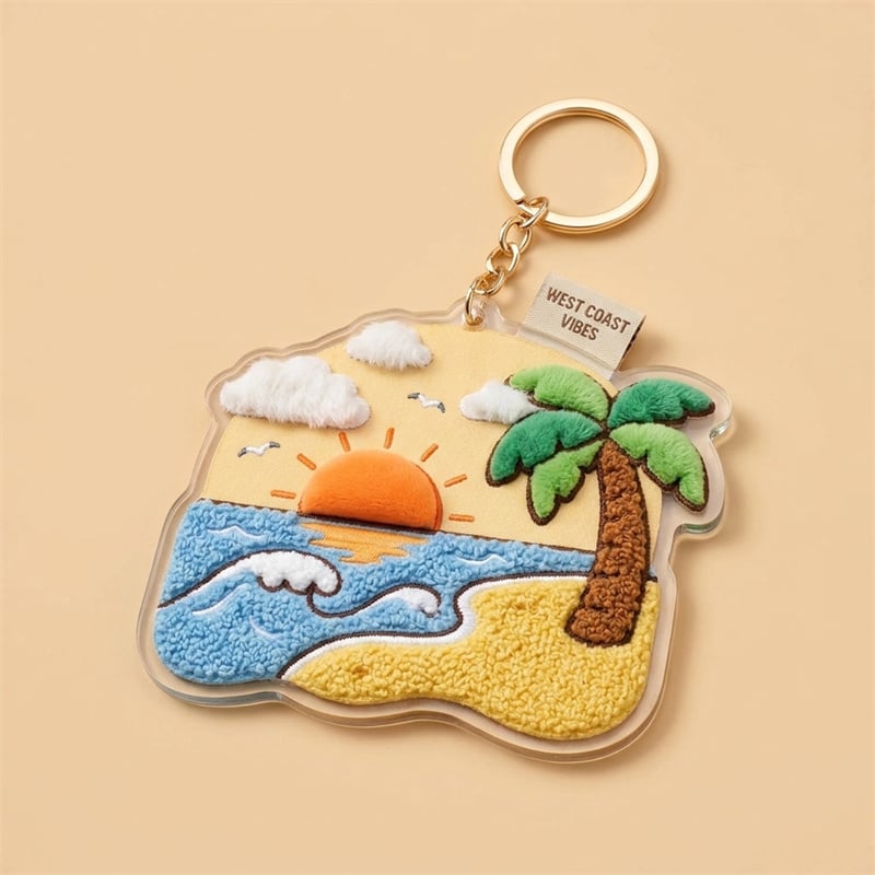 "West Coast Vibes" Beach Sunset Plush Keychain - Kawaii 3D Palm Tree & Ocean Wave Bag Charm - Tropical Chenille Souvenir Keychain for Travelers