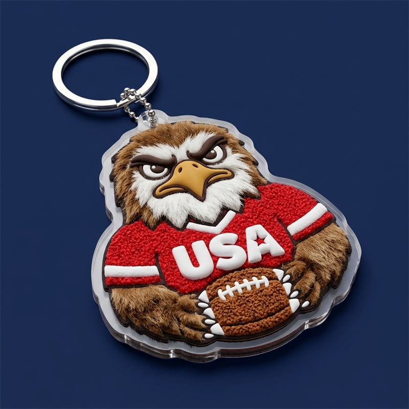 Patriotic USA Eagle Football Player Plush Keychain - Kawaii American Mascot Bag Charm - 3D Chenille Sports Souvenir - Red White & Blue Spirit Gift