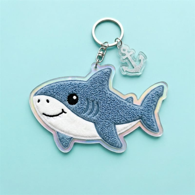 Kawaii Great White Shark Plush Keychain - Friendly Shark with Anchor Charm - 3D Blue Chenille Sea Life Bag Accessory - Nautical Iridescent Keyring