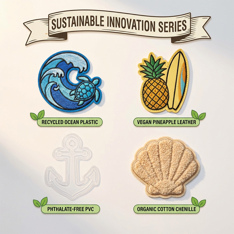 Sustainable Innovation Series Eco-Friendly Patches - 4 Pack Recycled Ocean Plastic, Vegan Pineapple Leather, Phthalate-Free PVC & Organic Cotton Chenille Appliques - Premium Nautical DIY Decor for Jackets, Bags, Hats - Washable