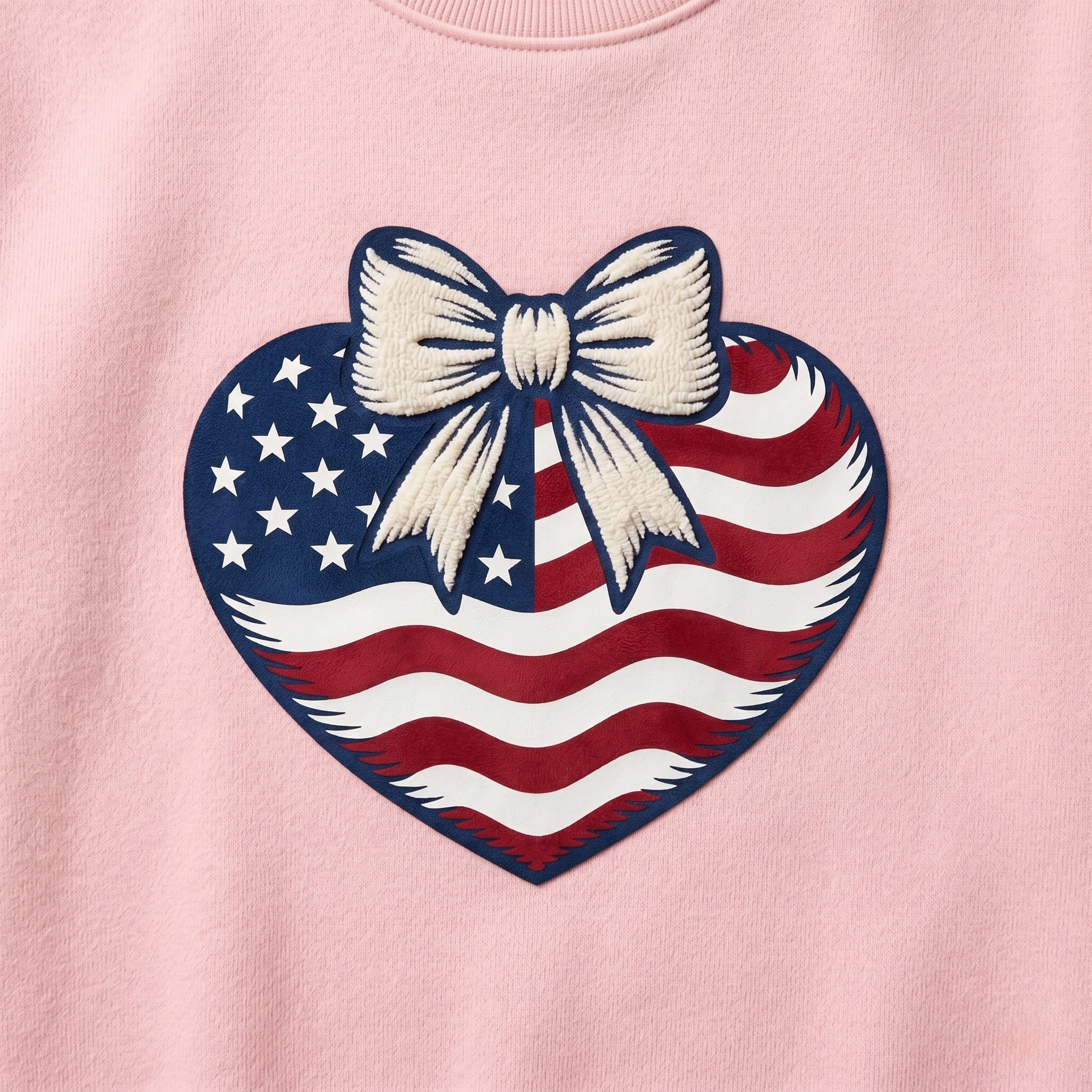 Patriotic American Flag Heart with Bow Heat Transfer - Cute Coquette Iron-on Decal for Women's Sweatshirts & T-Shirts - DIY 4th of July Patriotic Patch - Stars & Stripes Design with Textured Bow - Durable DTF Vinyl Sticker Decor