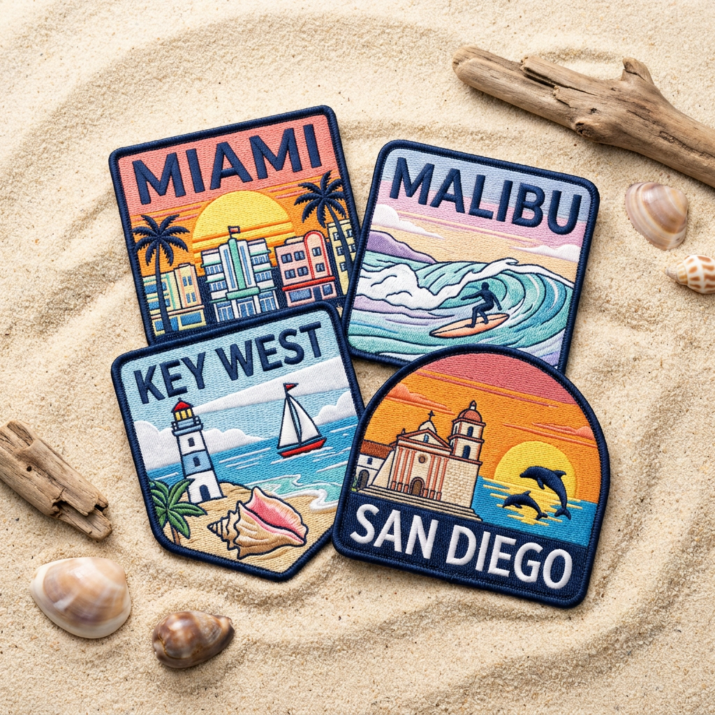 Premium Coastal Travel Destination Embroidered Patch Set - Miami, Malibu, Key West, San Diego - 4 Pack High-Density Iron-on Souvenir Appliques for Backpacks, Jackets, & Hats - California & Florida Beach Theme DIY Retro Decor - Vibrant & Durable