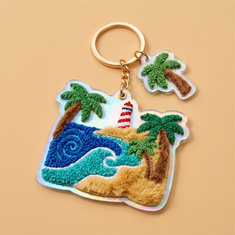 3D Tropical Lighthouse & Palm Trees Plush Keychain - Kawaii Coastal Scenery Bag Charm - Iridescent Acrylic Nautical Souvenir with Palm Tree Tag