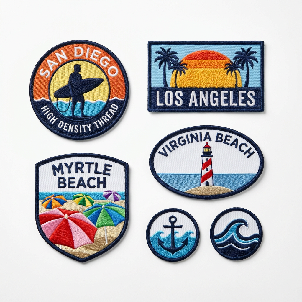 Coastal Travel Destination Embroidered Patch Set - San Diego Los Angeles Virginia Beach Myrtle Beach Iron-on Patches - High Density Thread Souvenir Appliques for Backpacks, Jackets, Hats - California Surf & Beach Theme DIY Decor - 6 Pack