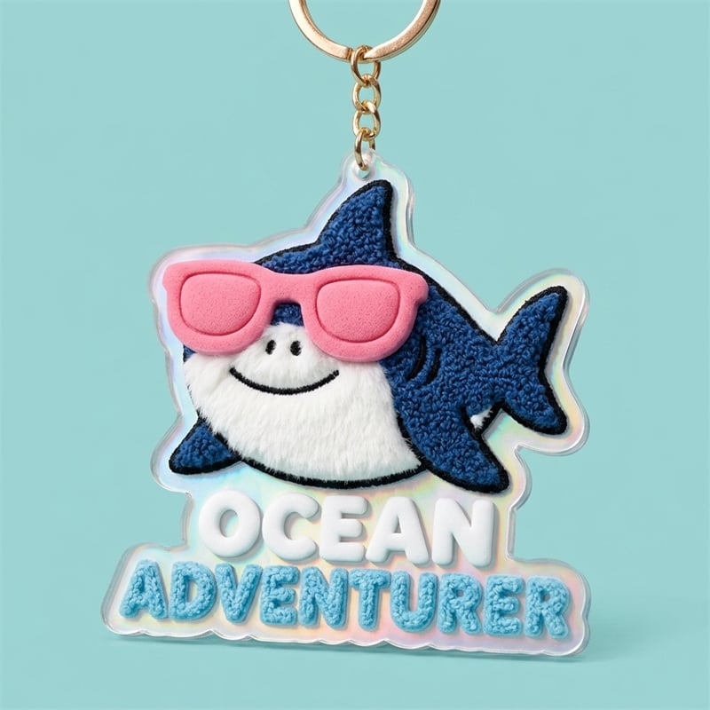 "Ocean Adventurer" Shark Plush Keychain - Kawaii Blue Shark with Pink Sunglasses Charm - Iridescent 3D Chenille Sea Life Keyring for Kids & Beach Lovers
